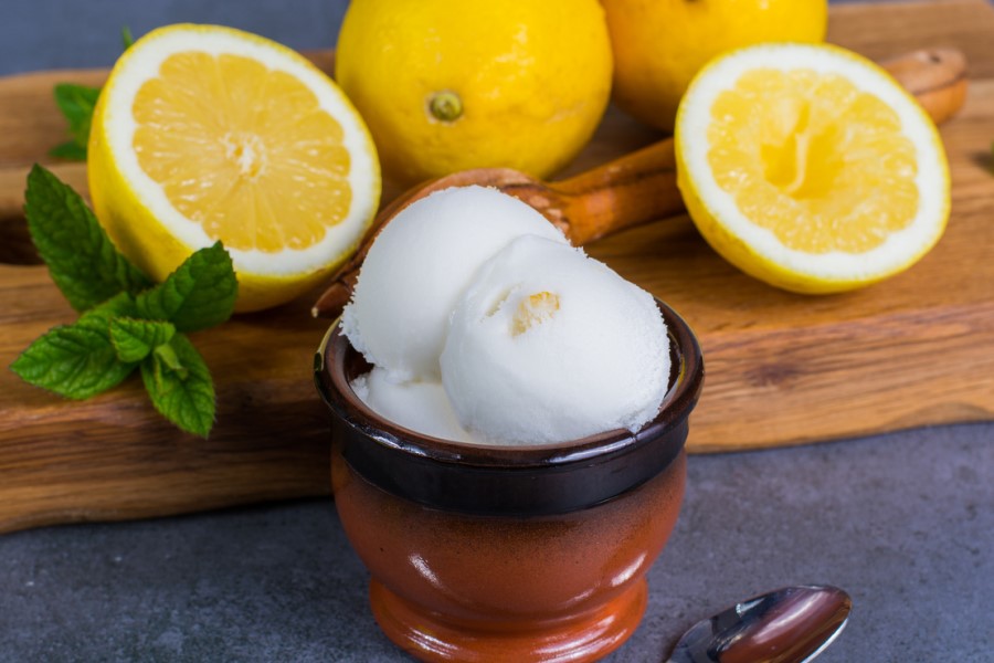 Repas au gîte en Toscane, Italie, avec un sorbet au citron en dessert