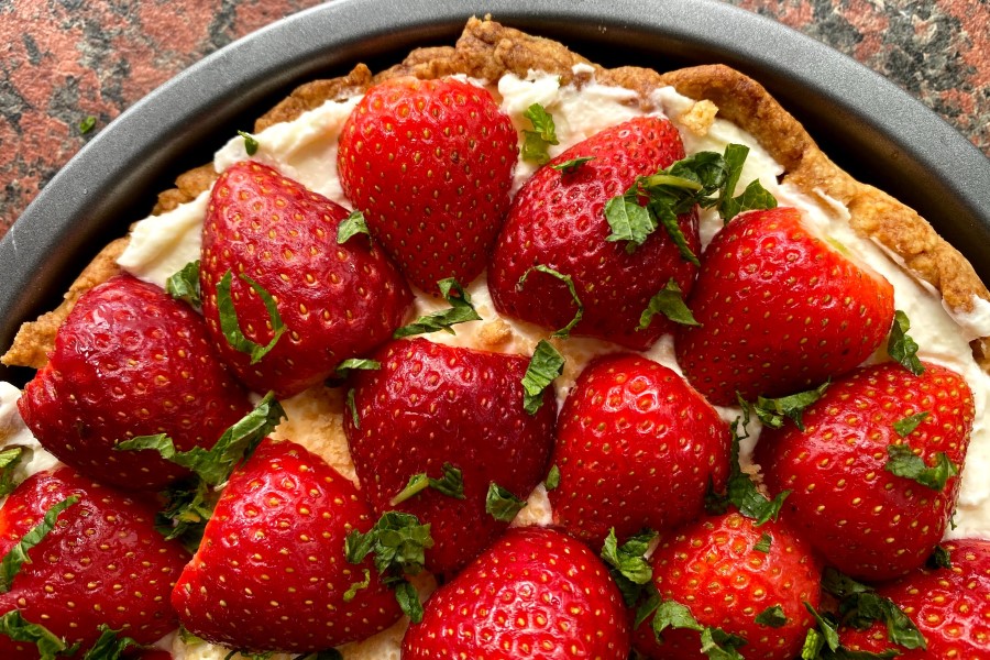 repas au gîte en Toscane, Italie, gâteau aux fraises en dessert