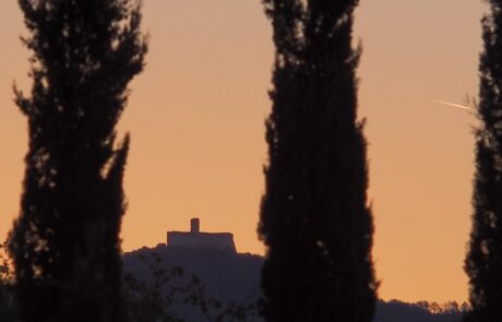 coucher de soleil et cyprès en toscane